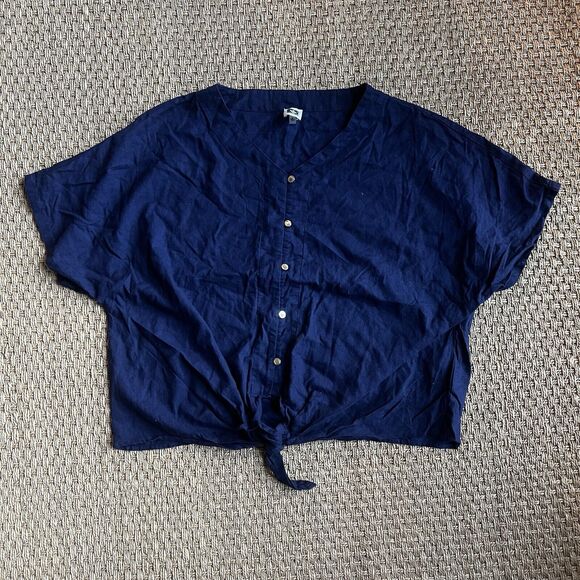 Anne Klein Blouse Button Front Tie Bottom Linen Blend Navy W/ Gold Buttons XL - Picture 1 of 8